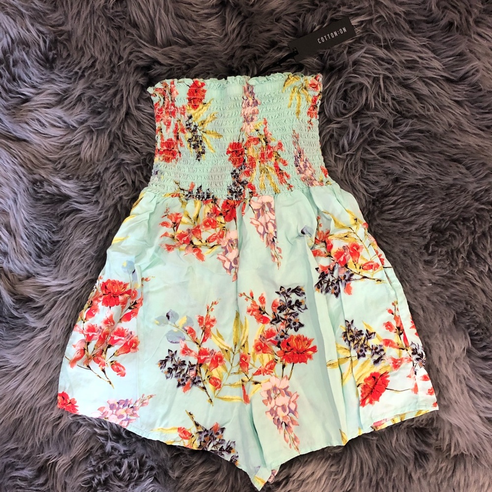 Turquoise and Floral Print Cotton On Romper - Picture 2 of 6